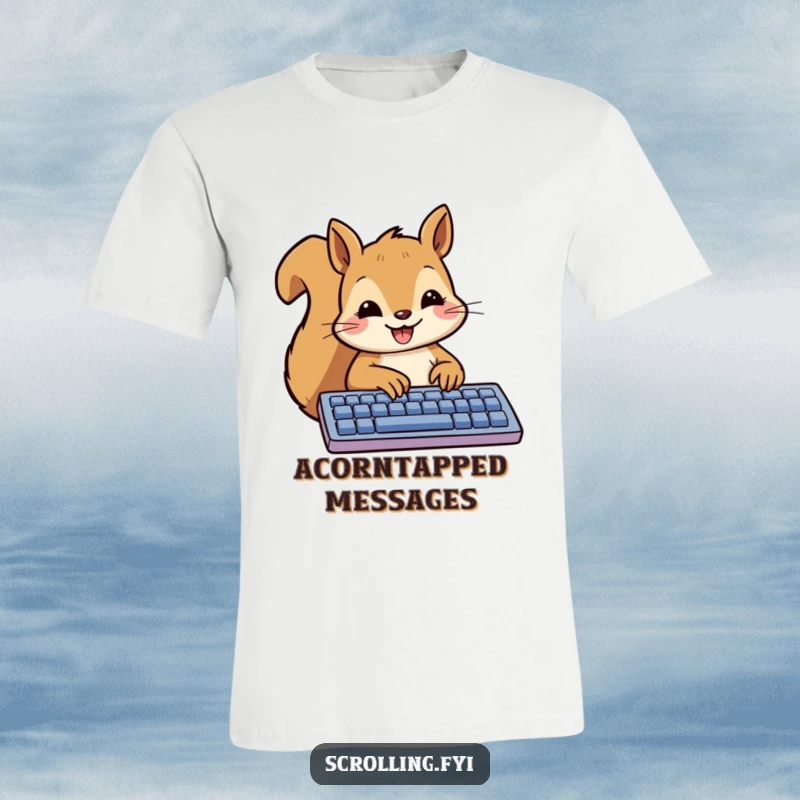 Funny Squirrel T-Shirt featuring a smiling squirrel happily tapping a message on a keyboard, ideal for tech enthusiasts.