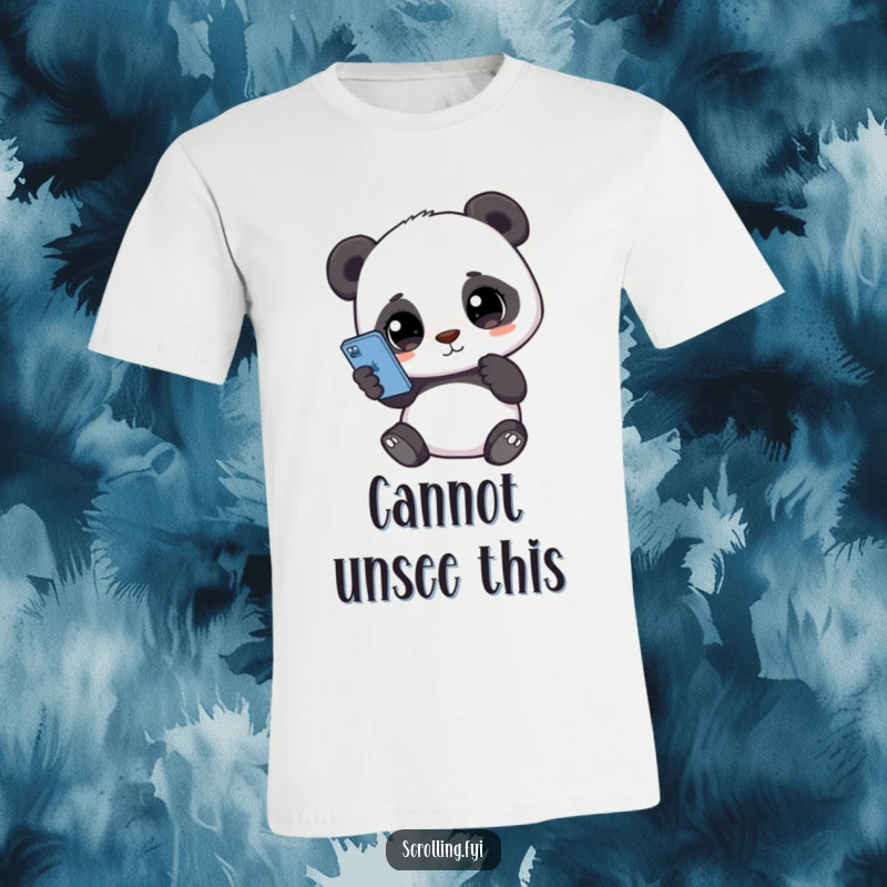 Funny T-shirt featuring a cute panda holding a smartphone, eyes glued to the screen, celebrating modern connectivity with humor.