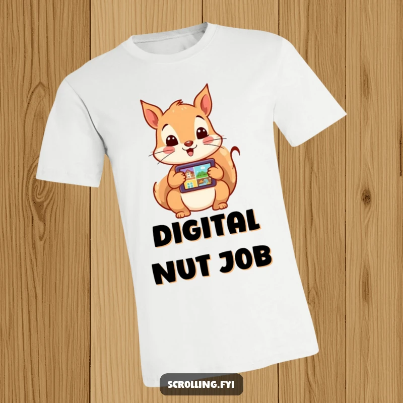 Funny t-shirt depicting an ecstatic squirrel furiously swiping through images on a tablet. A celebration of digital immersion and speed.