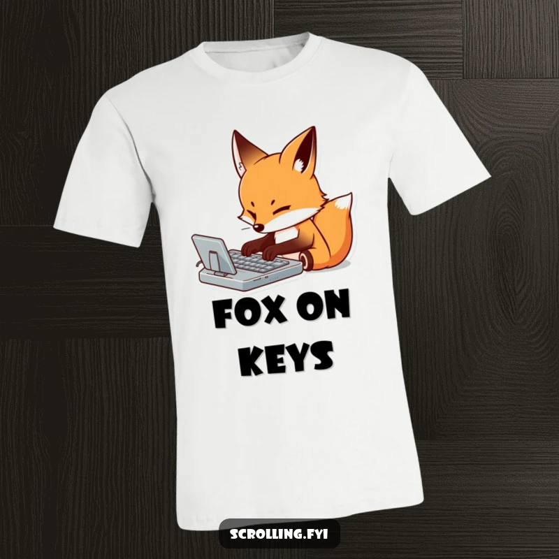 Funny t-shirt featuring a determined fox meticulously typing on a virtual keyboard with intense focus, showcasing dedication.