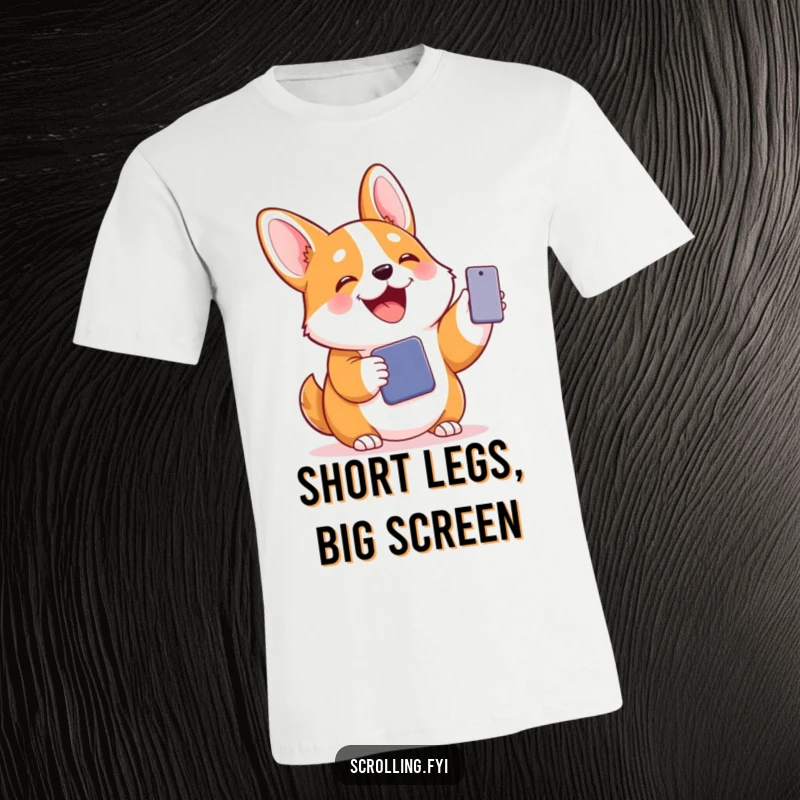 Funny t-shirt with a joyful corgi holding a phone with a happy expression, embodying a humorous and connected character.