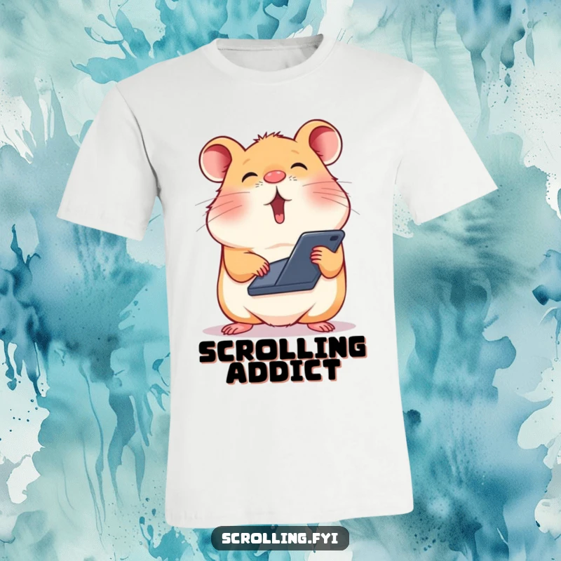 Funny t-shirt depicting a silly hamster with a phone balanced on its nose, scrolling with intense focus.