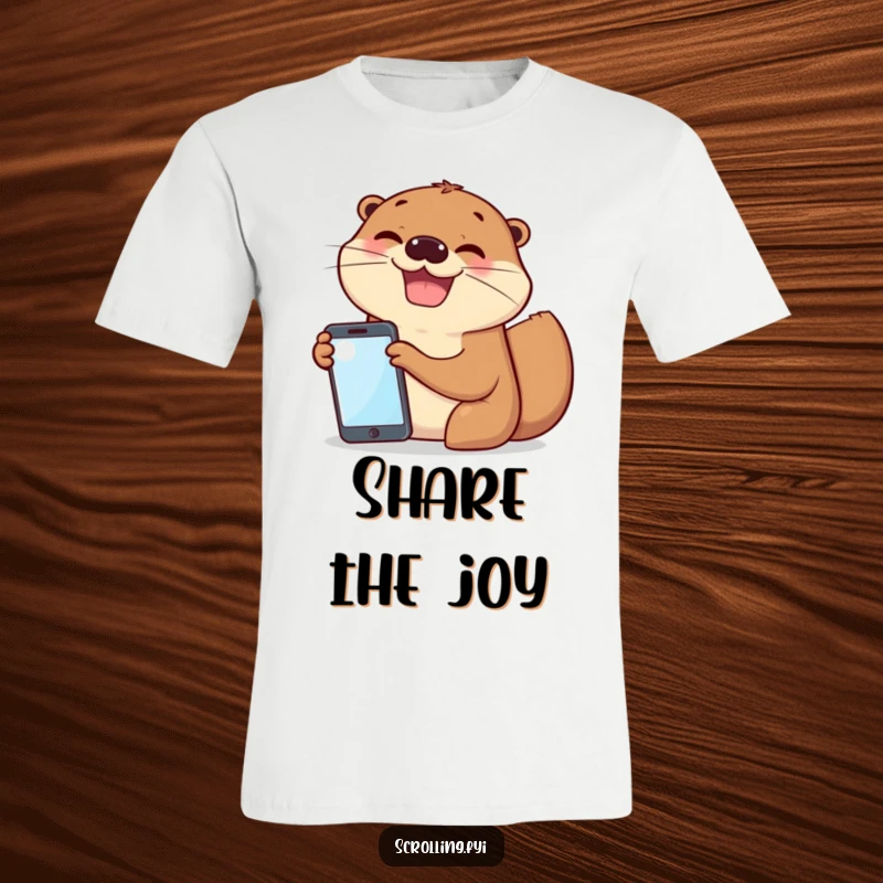 Funny t-shirt featuring an excited otter showing its phone screen to a grinning friend, highlighting friendship humor.