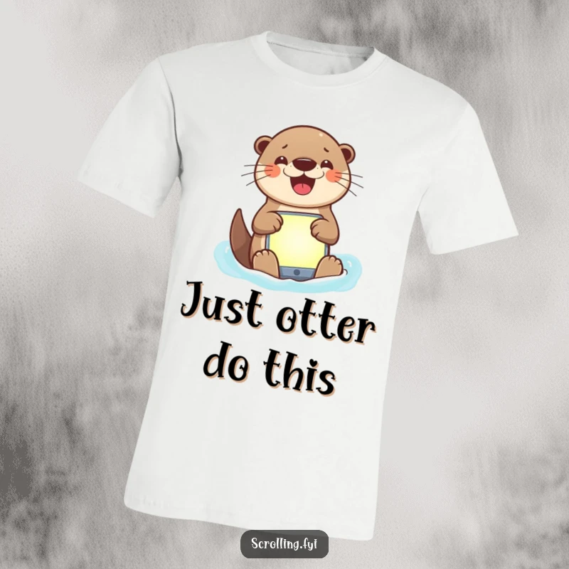 Funny t-shirt featuring a happy otter skillfully using a smartphone, depicting a funny and tech-smart character.