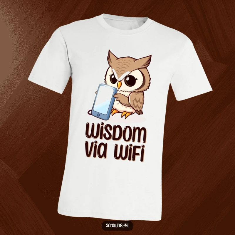 Funny owl t-shirt, curiously peering intently at a bright, illuminated phone screen, symbolizing digital exploration.