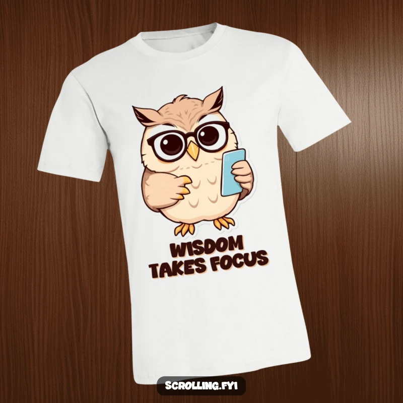 Funny owl t-shirt design featuring a wise owl squinting at a small phone screen while adjusting spectacles.