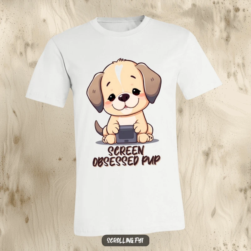 Funny Puppy T-Shirt: A content puppy intently gazing at a small glowing screen, depicting tech fascination humorously, a cute fan tee.
