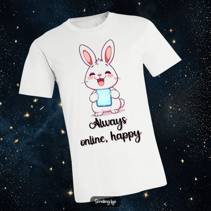 Funny Rabbit T-Shirt: A delighted rabbit smiles widely while holding up a brightly glowing mobile phone.