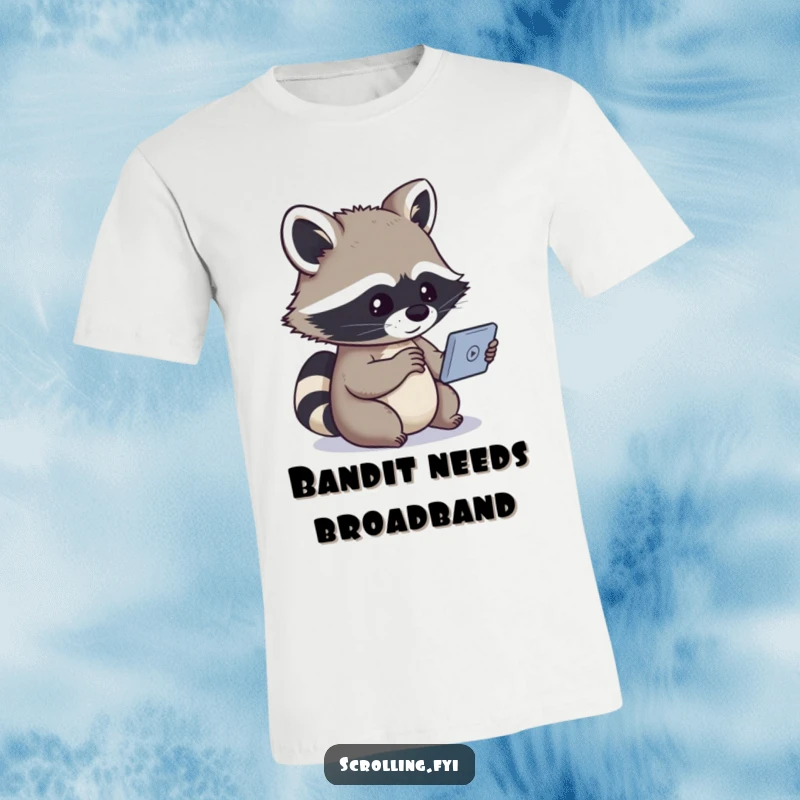 Funny t-shirt depicting a captivated raccoon engrossed in a small screen, embodying a humorous and screen-addicted character.