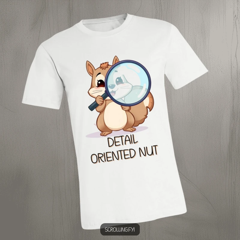 Funny cheerful squirrel holding a large magnifying glass over a screen, printed on a t-shirt, a funny gift.
