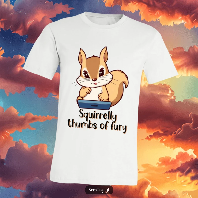 Funny Squirrel T-Shirt: Determined squirrel with focused eyes and flying thumbs playing intensely on a game device, gamer pride.
