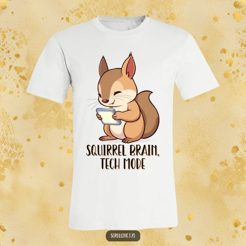 Funny Squirrel T-Shirt depicting a curious squirrel absorbed in its bright handheld device, showcasing modern tech humor.