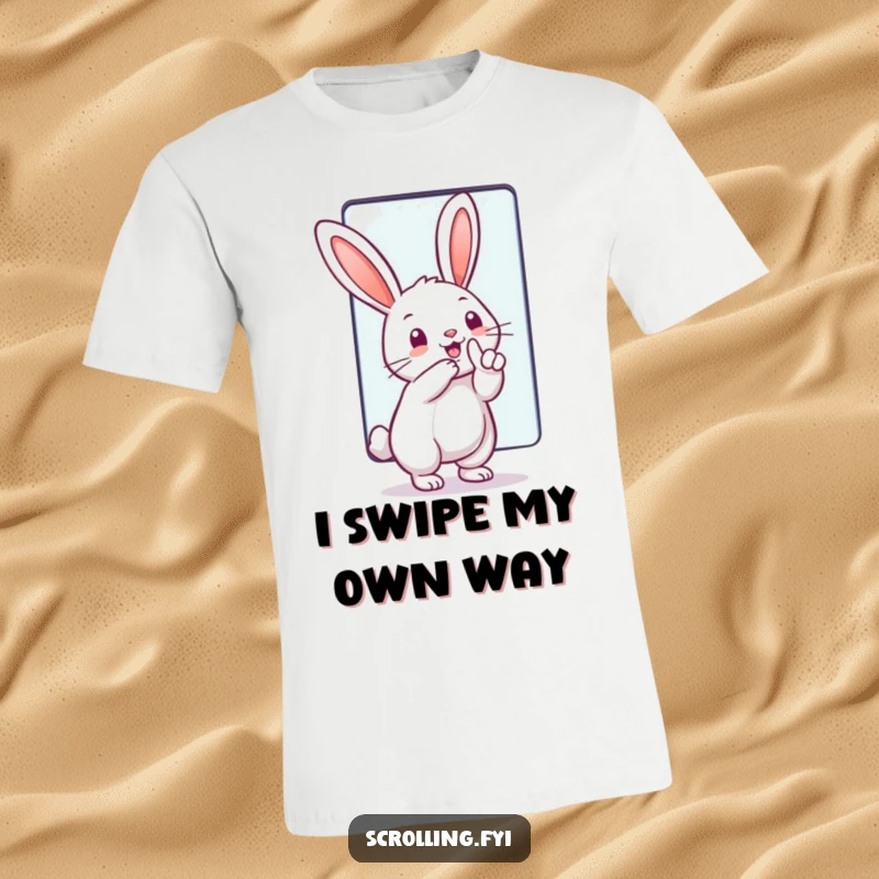 Funny T-Shirt: A joyful rabbit energetically swiping across a huge touchscreen, representing tech fun and modern life humorously.