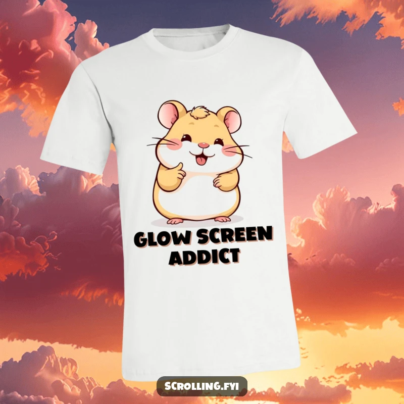 Funny Hamster T-Shirt: Amusing hamster engrossed in scrolling a brightly lit device screen with one focused finger, a techy vibe.