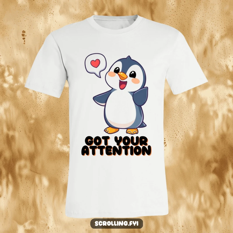 Funny penguin notification t-shirt featuring a delighted penguin pointing at a bubble, perfect for tech lovers and as a funny gift.