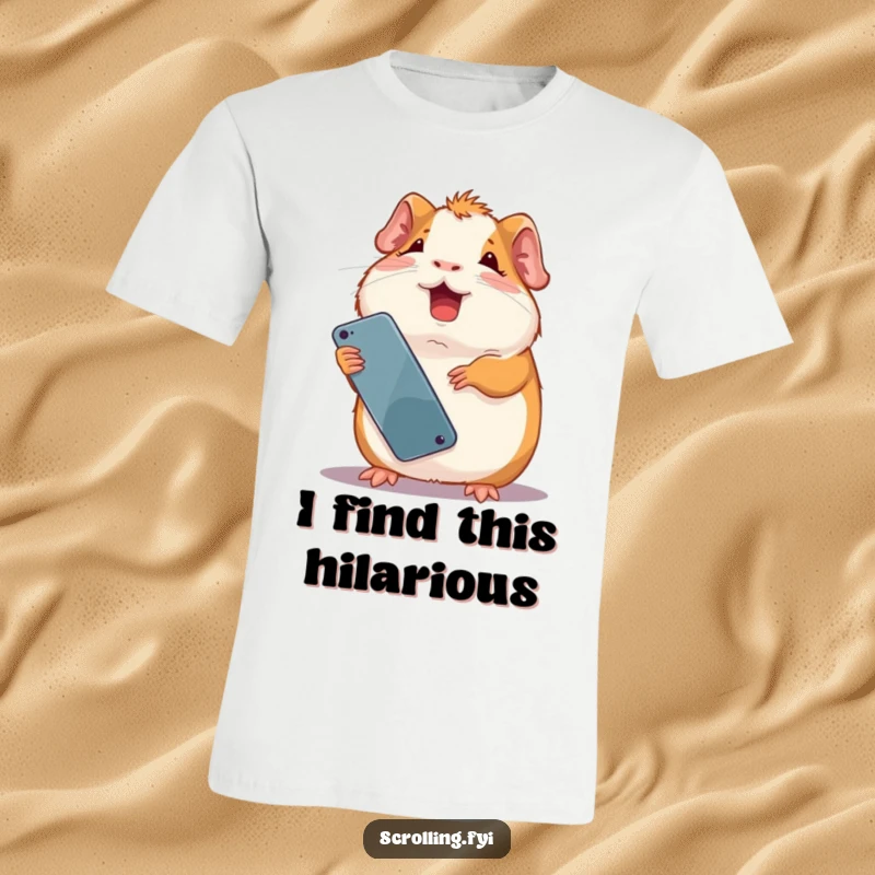 Funny giggling guinea pig holding a smartphone upside down with a look of pure amusement. Perfect funny t-shirt.