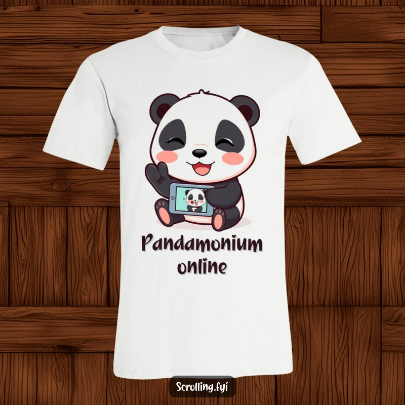 Funny t-shirt with a giggling panda displaying a humorous image on its mobile device, spreading digital jokes.