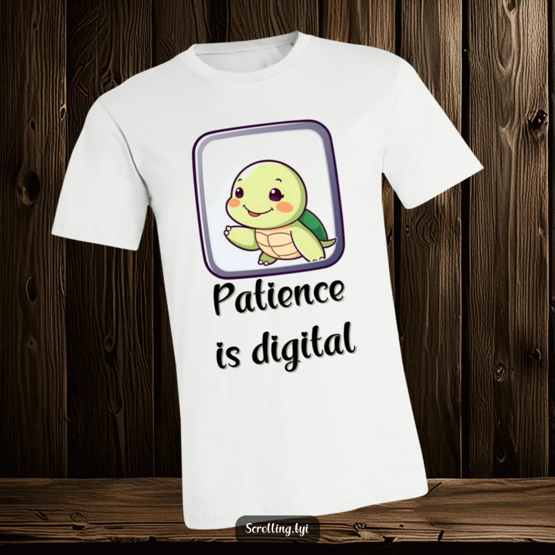 Funny Turtle Swiping Display T-Shirt: A graphic tee featuring a smiling turtle slowly interacting with a digital interface, symbolizing unhurried progress.