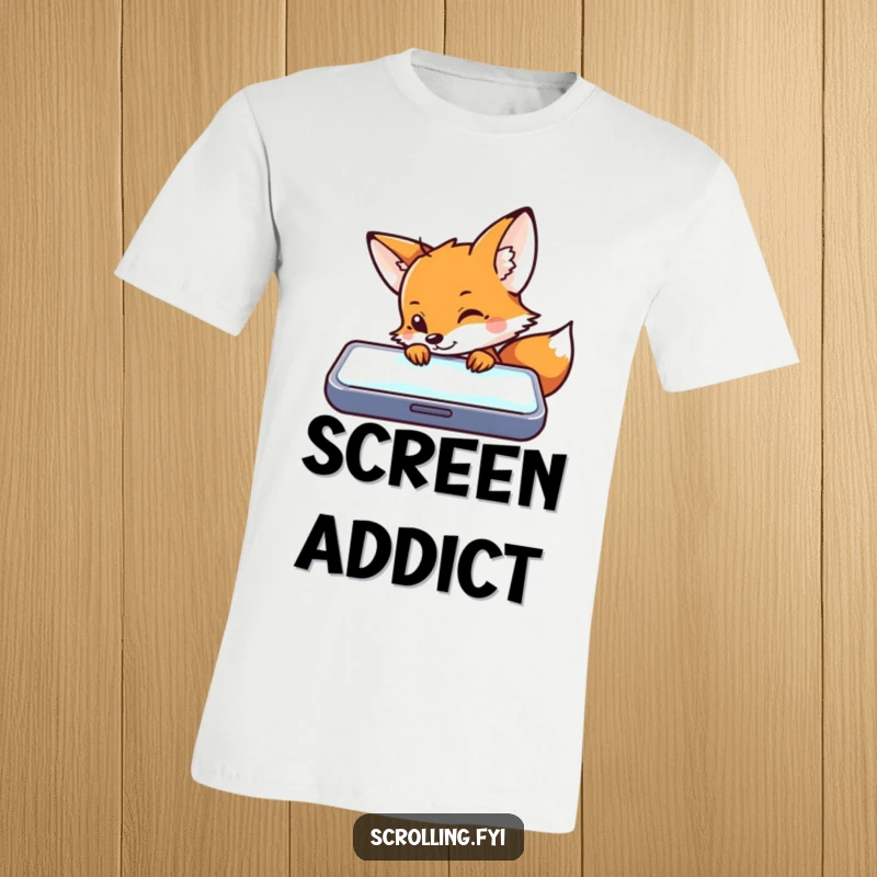Funny t-shirt showing a curious fox mesmerized by a bright, glowing mobile phone screen, capturing digital fascination.