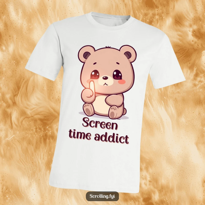 Funny t-shirt of a small bear glued to a glowing screen, thumb swiping endlessly, celebrating screen addiction with humor.