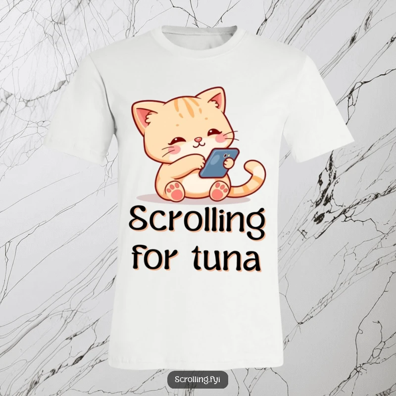 Funny t-shirt depicting a cute cat holding a smartphone and swiping down the screen, representing modern digital life humorously.