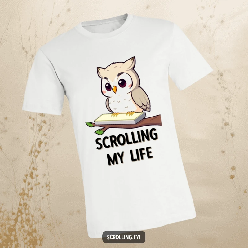 Funny Owl T-Shirt: A curious owl rapidly tapping a glowing rectangle, depicting tech obsession humorously, a relatable fan tee.