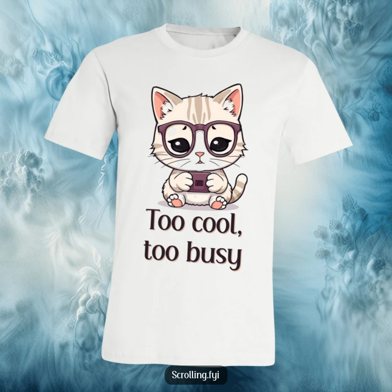 Funny playful cat wearing glasses, deeply focused on a tiny device, printed on a t-shirt, a funny gift.