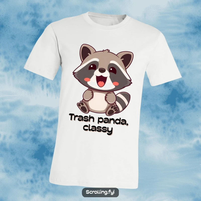 Funny T-Shirt: A jovial raccoon’s face shows shocked excitement and pure delight, a humorous expression of joy.