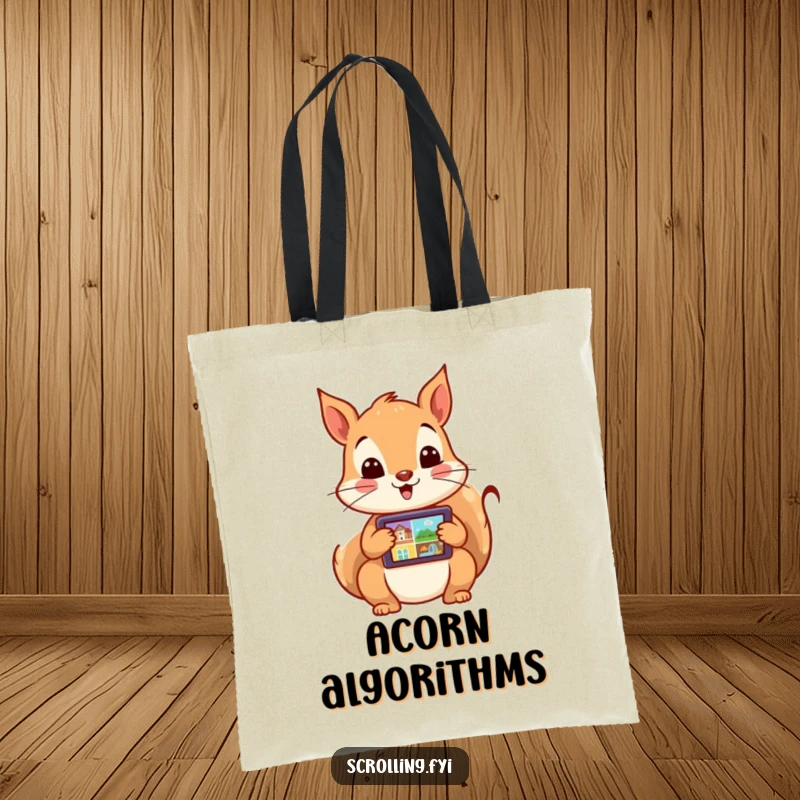 Funny tote bag showing an excited squirrel rapidly swiping through images on a tablet. Perfect for carrying tech accessories and daily items.