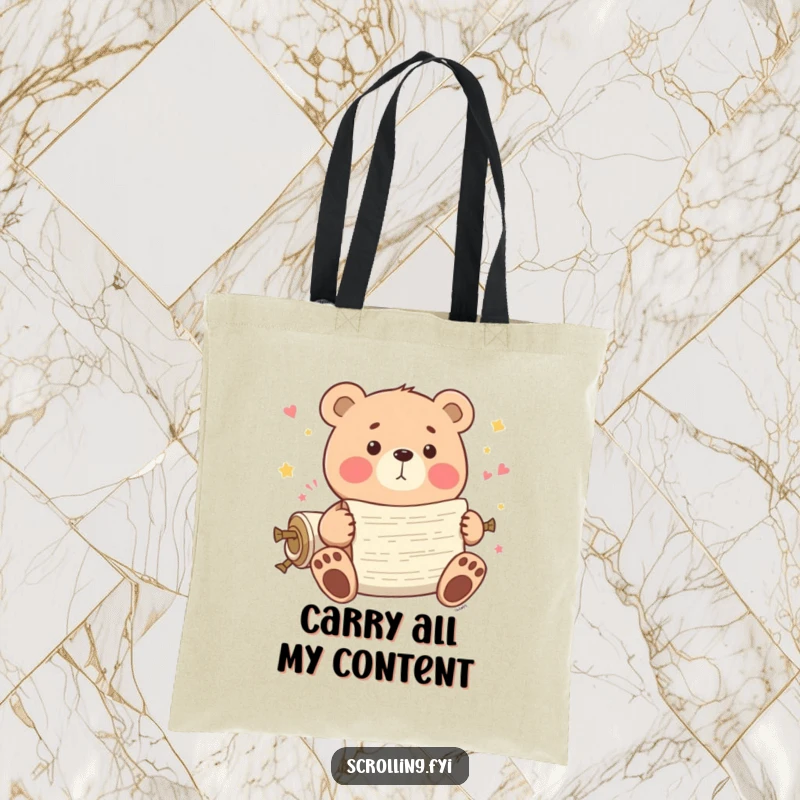 Funny Bear Tote Bag: A playful bear blissfully scrolls through endless content on a device, perfect for digital nomads.