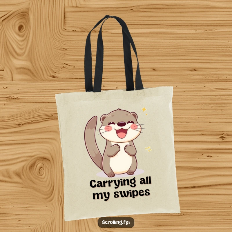 Funny tote bag with a joyful otter swiping across a virtual interface, perfect for carrying tech accessories.