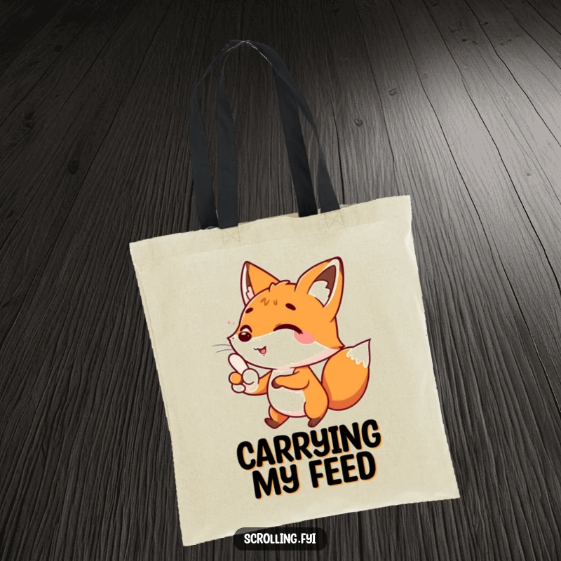Funny tote bag showcasing a happy fox character actively scrolling with its thumb, a great funny gift option.