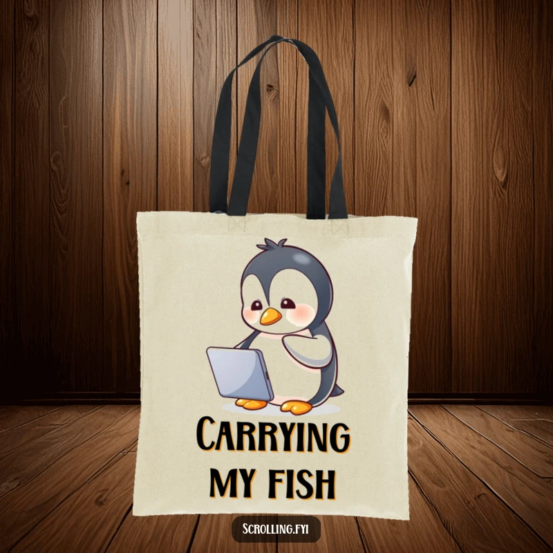 Funny tote bag with a gleeful penguin watching a tablet, illustrating a humorous and tech-savvy personality.