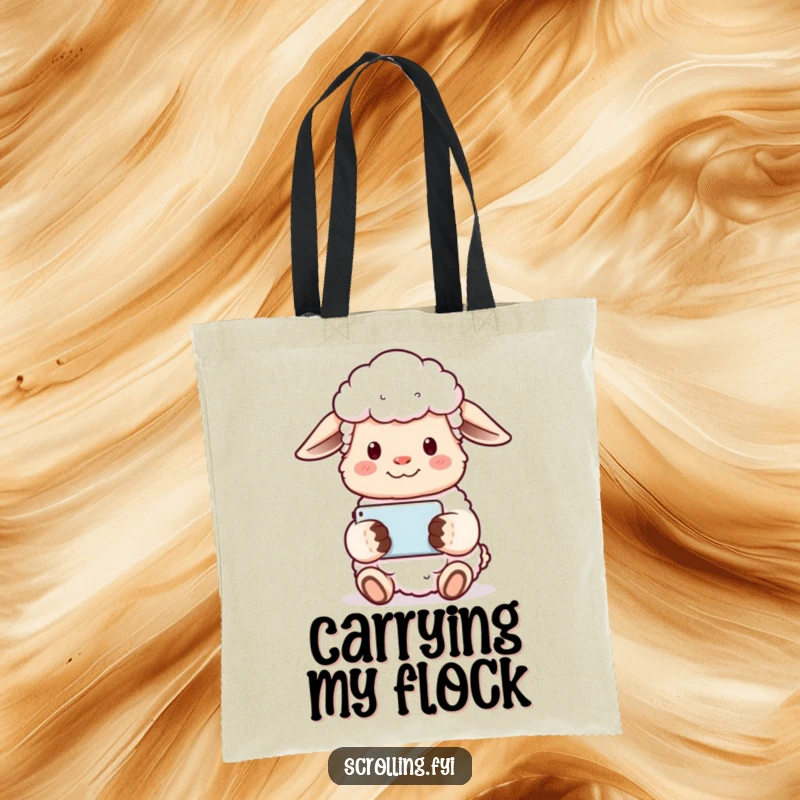 Funny sheep tote bag featuring a content sheep holding a phone horizontally, peacefully watching a video.