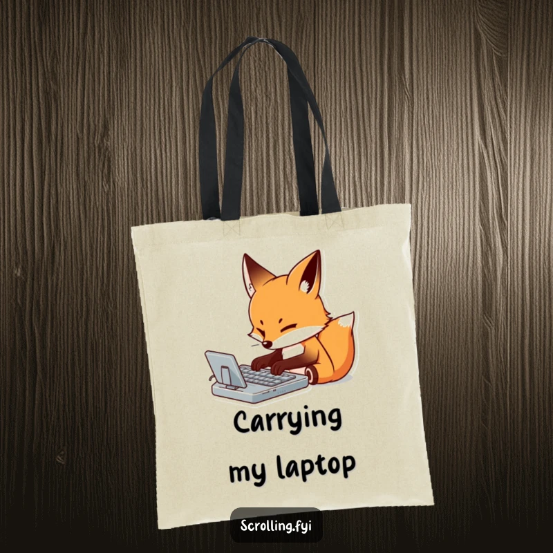 Funny tote bag with a determined fox meticulously typing on a virtual keyboard with intense focus, designed for busy professionals.