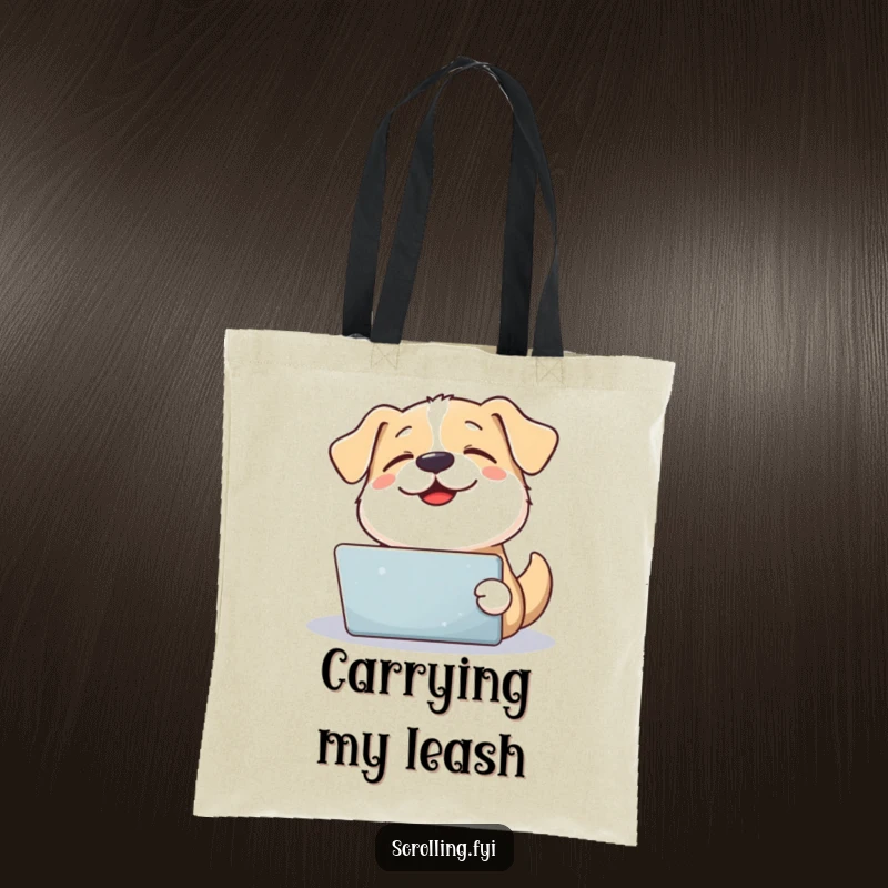 Funny happy dog sighs contentedly looking up from a tablet, a charming tote bag for pet owners.