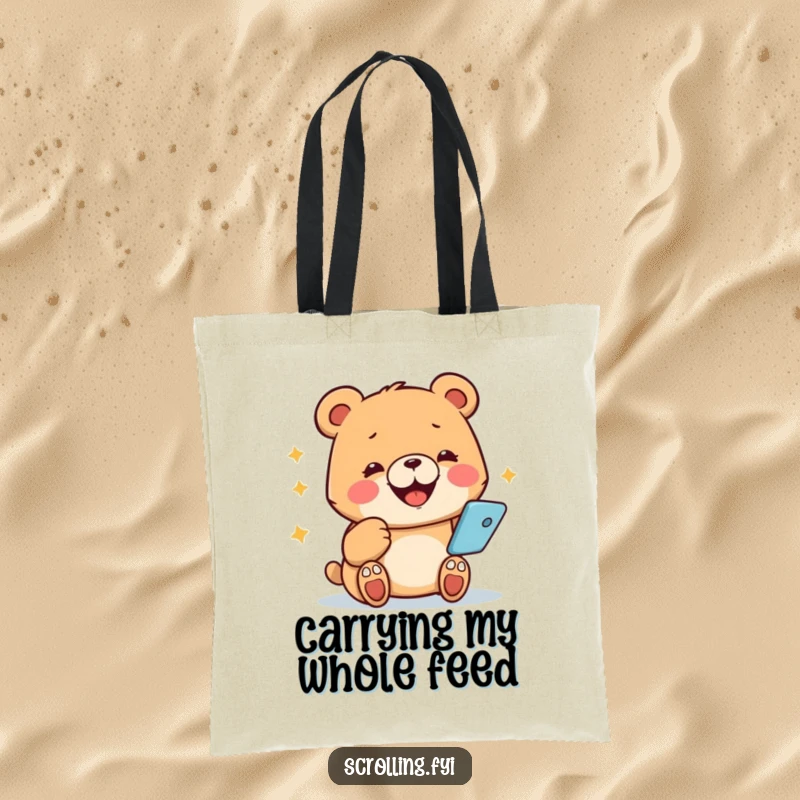 Funny bear tote bag, smiling broadly while glued to a phone screen, depicting constant digital engagement.