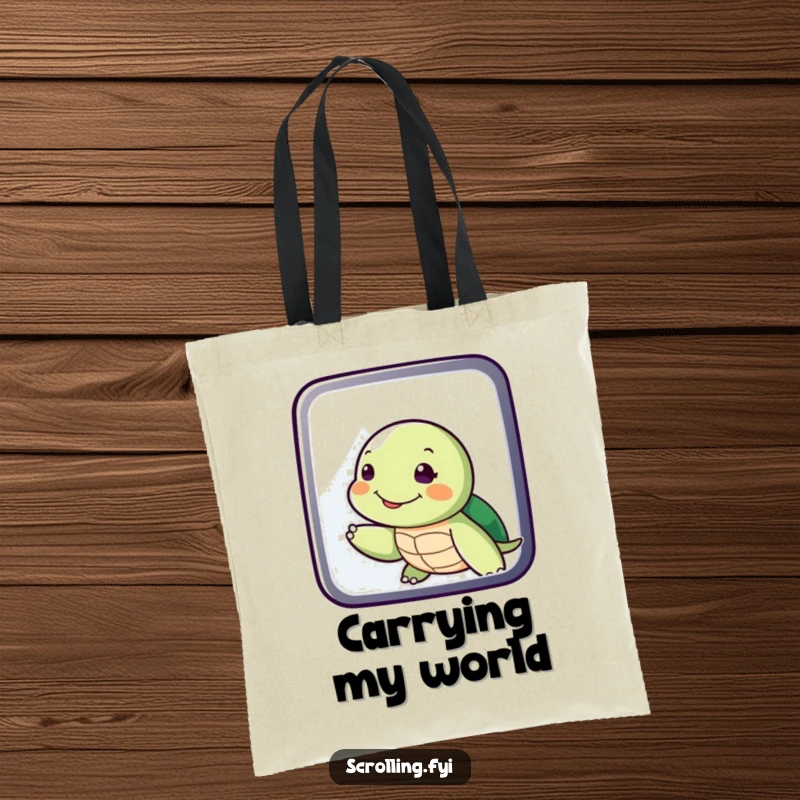 Funny Turtle Swiping Display Tote Bag: A durable bag depicting a smiling turtle leisurely swiping across a digital display, ideal for carrying essentials.
