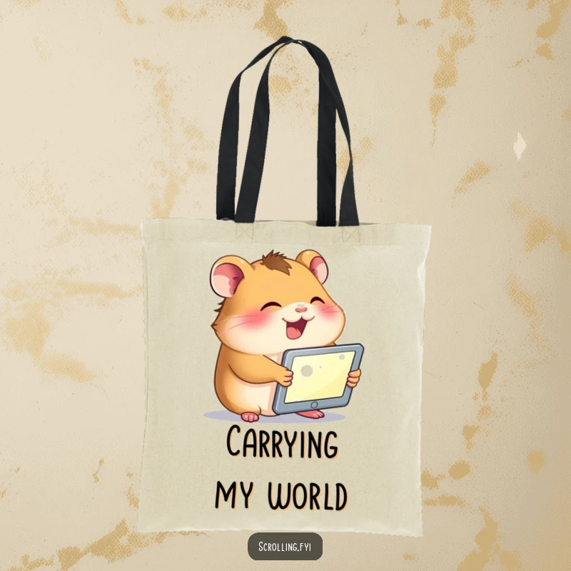 Funny tote bag with a giggling hamster holding a tablet, its face illuminated by the screen, perfect for tech-savvy pet owners.