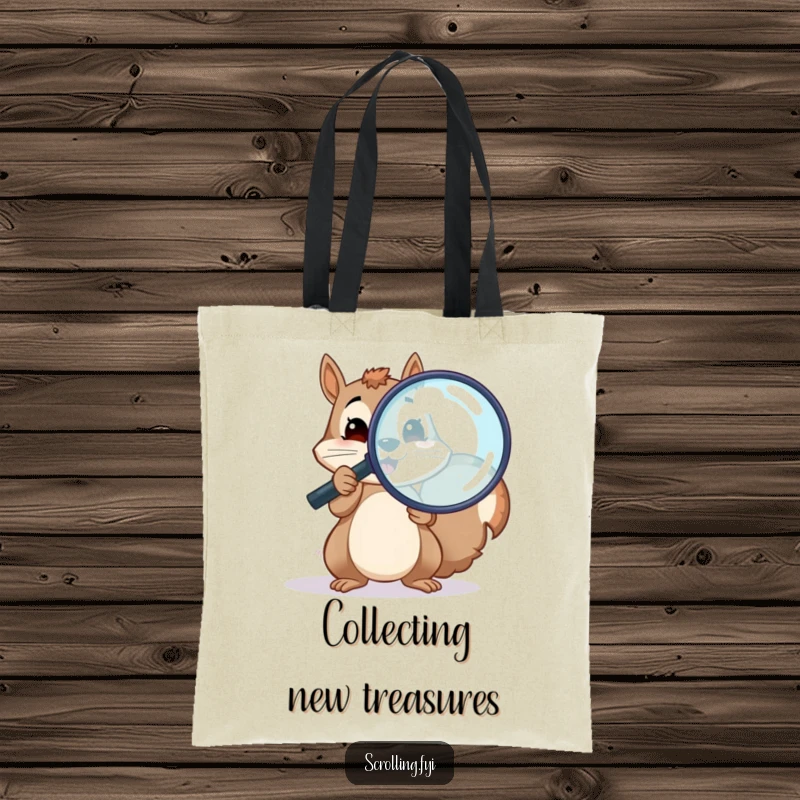 Funny tote bag featuring a cheerful squirrel holding a magnifying glass over a screen, a practical funny gift.