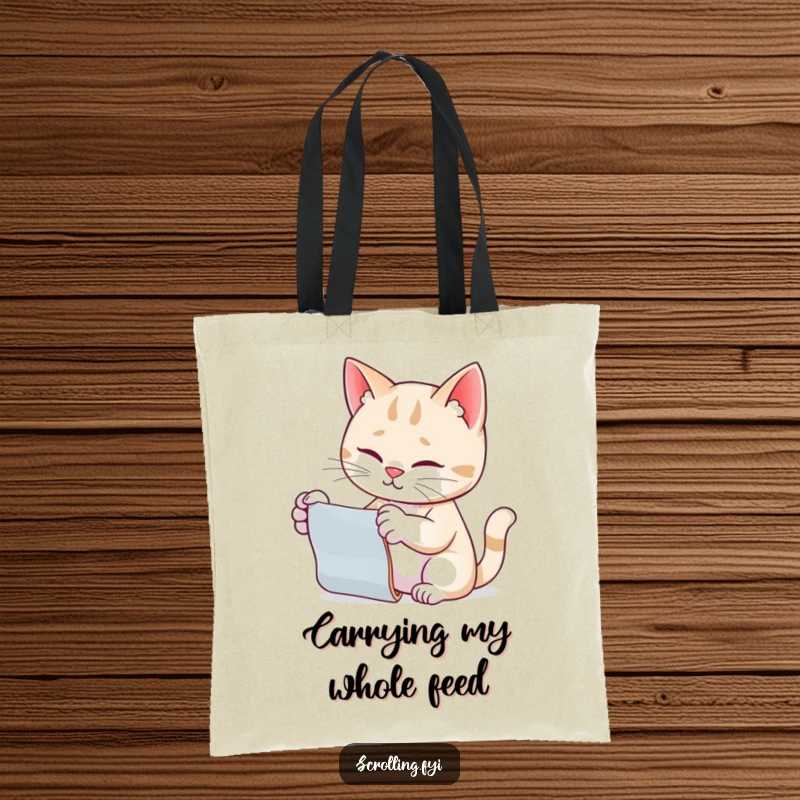 Funny cat tote bag, paw reaching out to scroll, depicting a cat's obsession with screens.