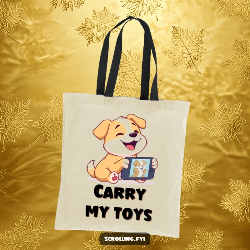 Funny dog tote bag with a joyful dog completely engrossed in a video on a mobile phone screen.