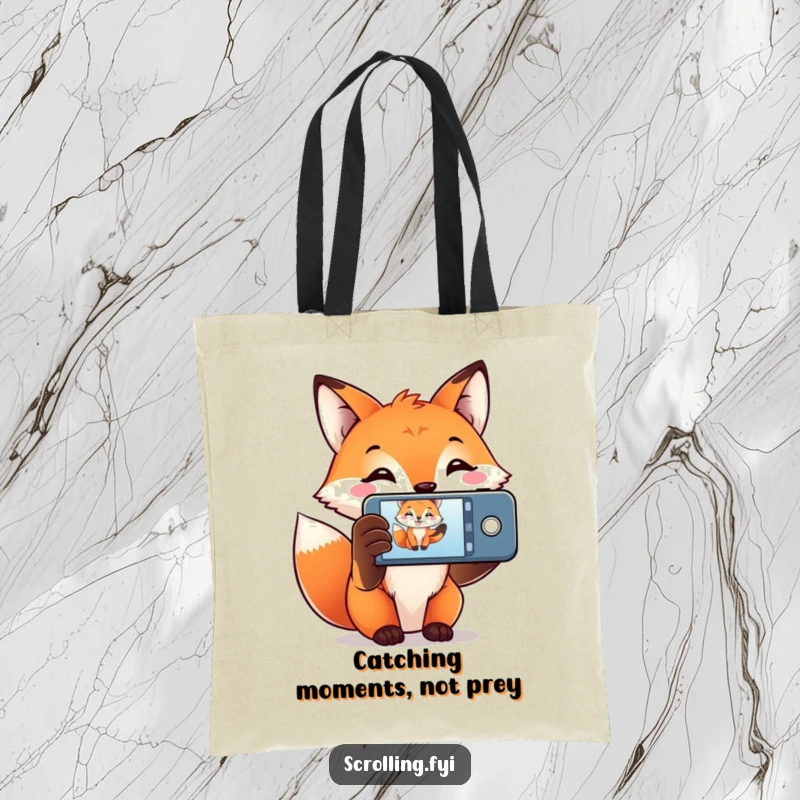 Funny Fox Tote Bag with a smiling fox holding a phone, capturing a precious moment, a functional and funny accessory.
