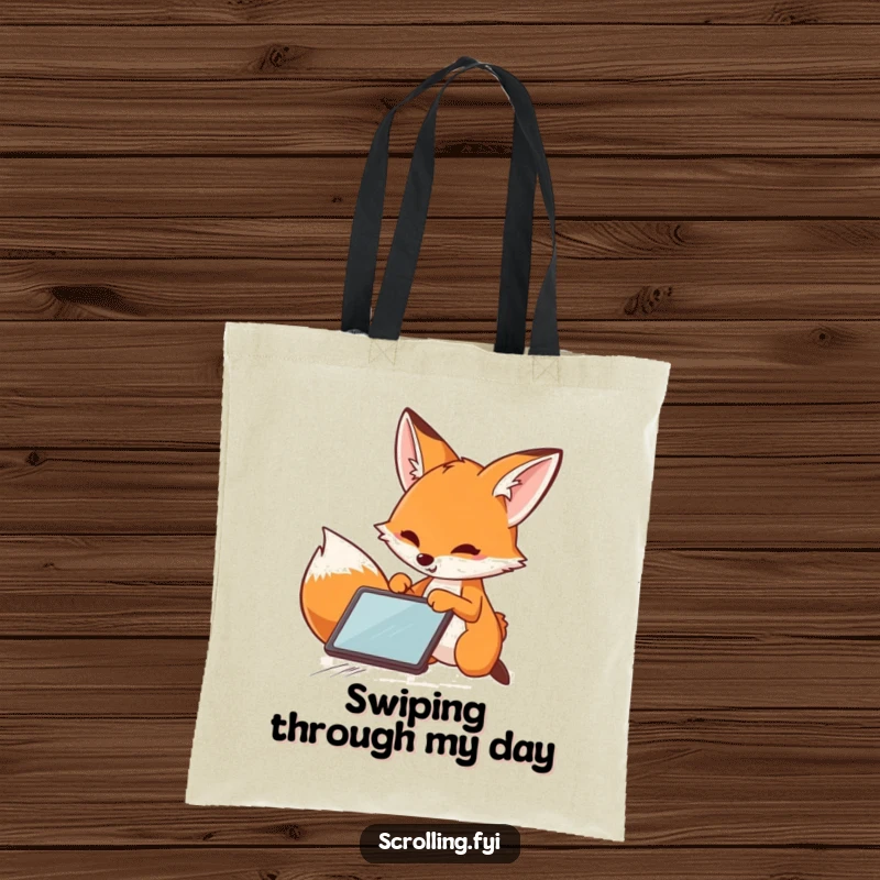 Funny Fox Tote Bag: Stylish tote with a playful fox rapidly swiping a tablet, a fun and functional accessory.