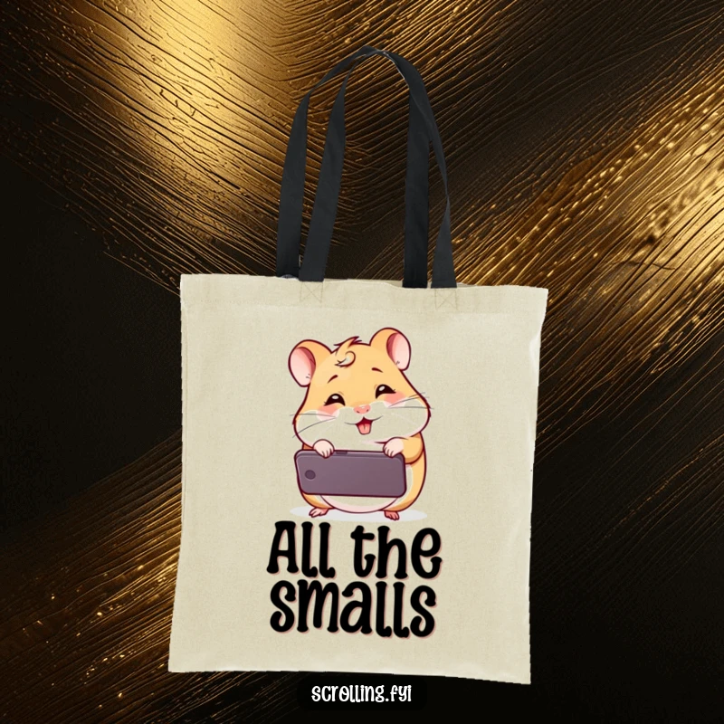 Funny Giggling Hamster Tote Bag: A durable bag showcasing a delighted hamster engrossed in a mobile device, perfect for on-the-go amusement.