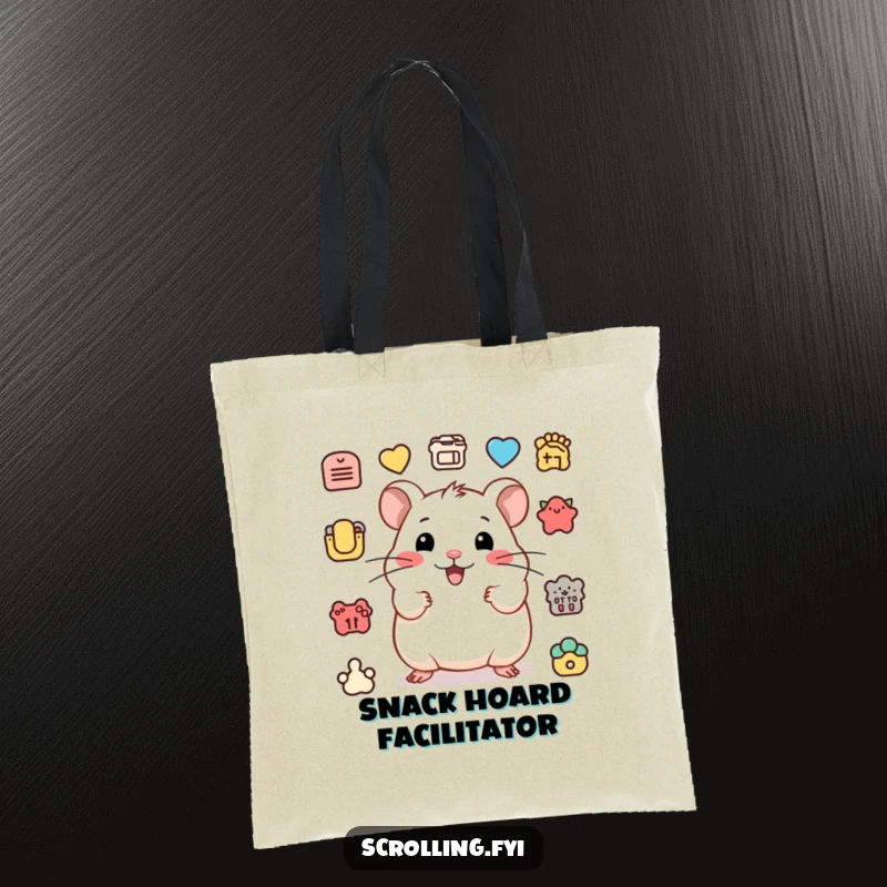 Funny tote bag with a happy hamster clicking various icons, illustrating a humorous and efficient personality.