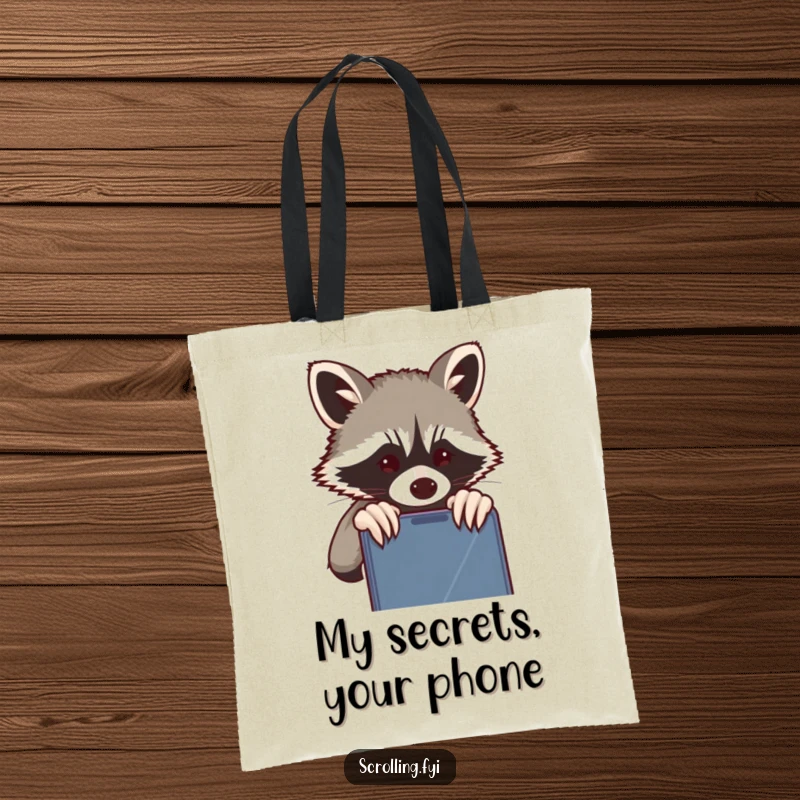 Funny Raccoon Tote Bag: Durable tote with a mischievous raccoon peeking over a shoulder at a phone, great for humor, gift.