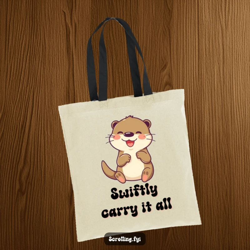Funny otter tote bag, joyfully and rapidly tapping on a small screen with its paw, perfect for tech essentials.