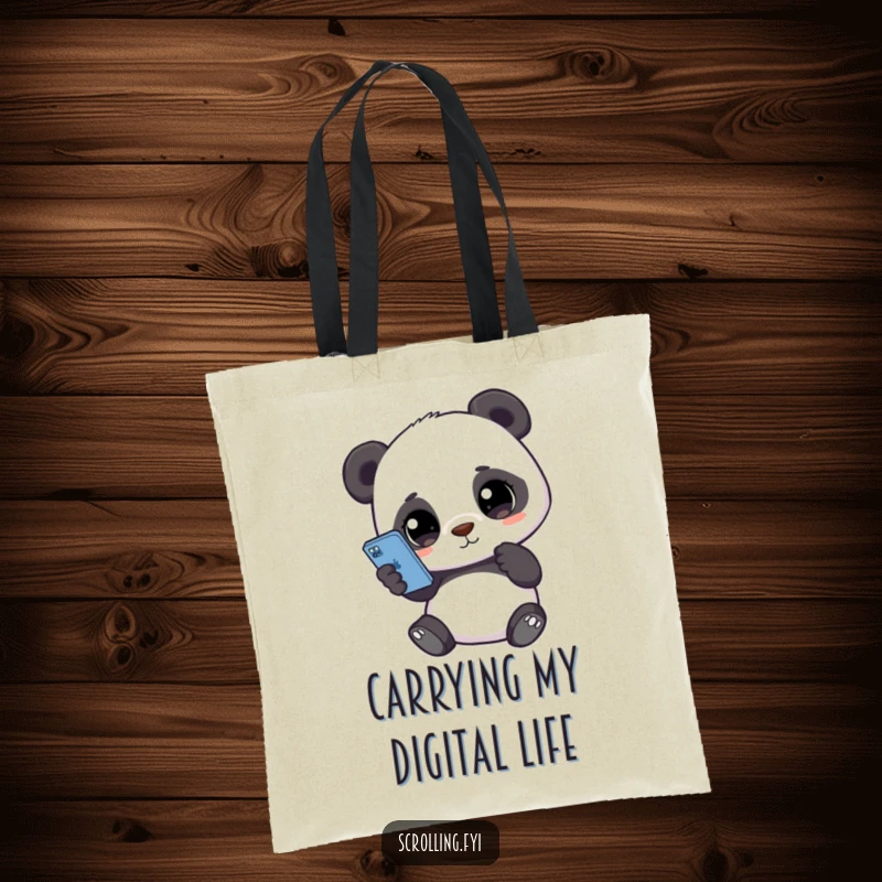 Funny tote bag featuring a cute panda holding a smartphone, eyes glued to the screen, perfect for carrying tech essentials.