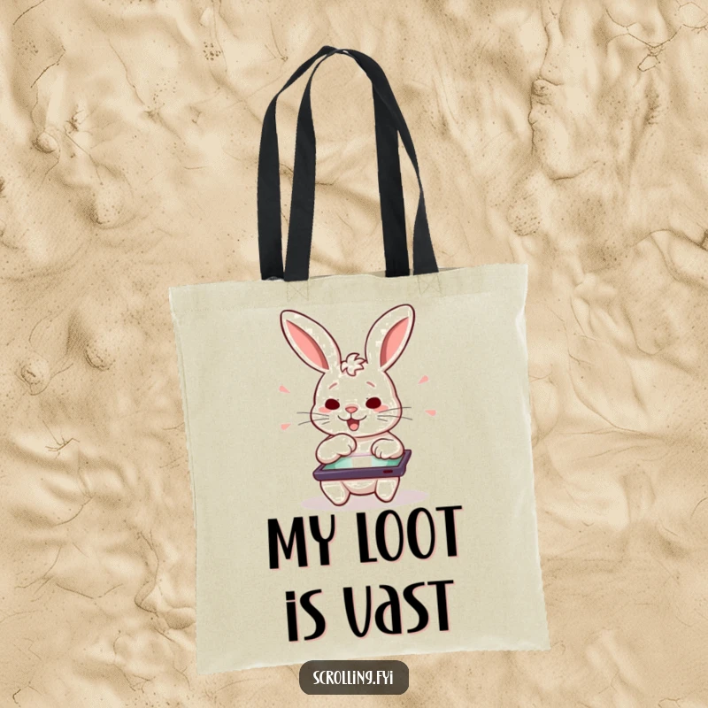 Funny tote bag featuring a determined rabbit character swiping on a tablet, a practical funny gift.